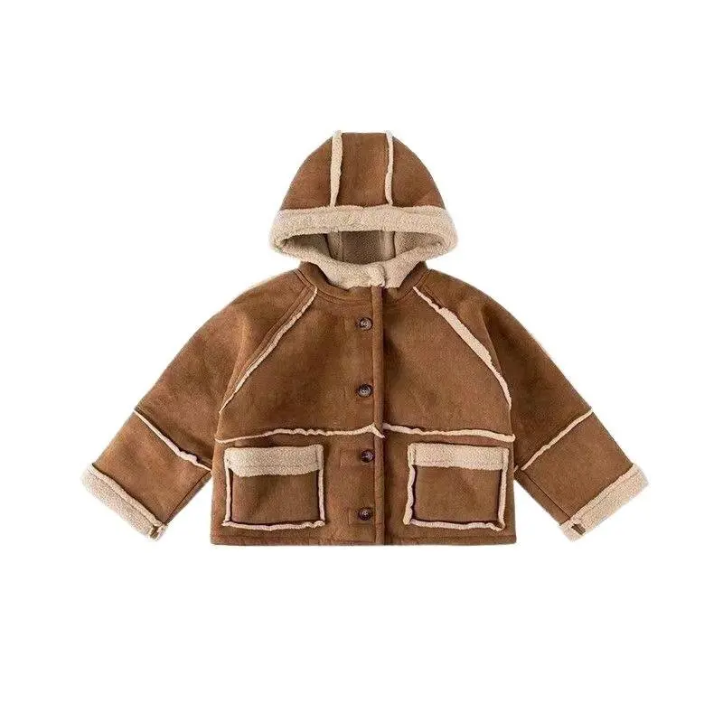 Kids' Maillard Coat Lamb Wool & Fur Reversible Jacket for Boys & Girls, Trendy Winter Wear