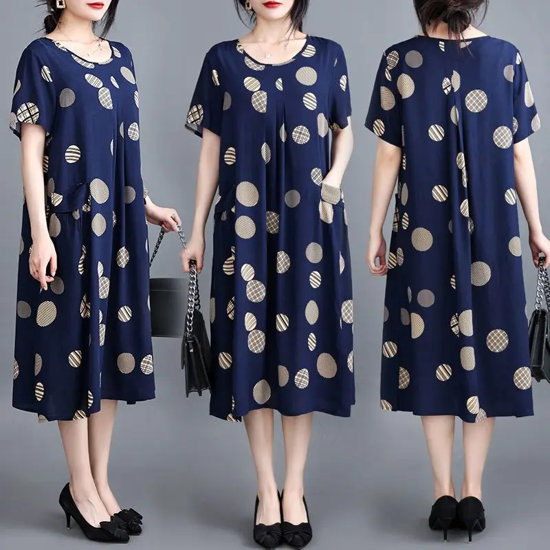 Korean Round Neck Loose A-line Dress Summer Women's Clothing Multi-element Printing Short Sleeve Patchwork Pockets Midi Dresses