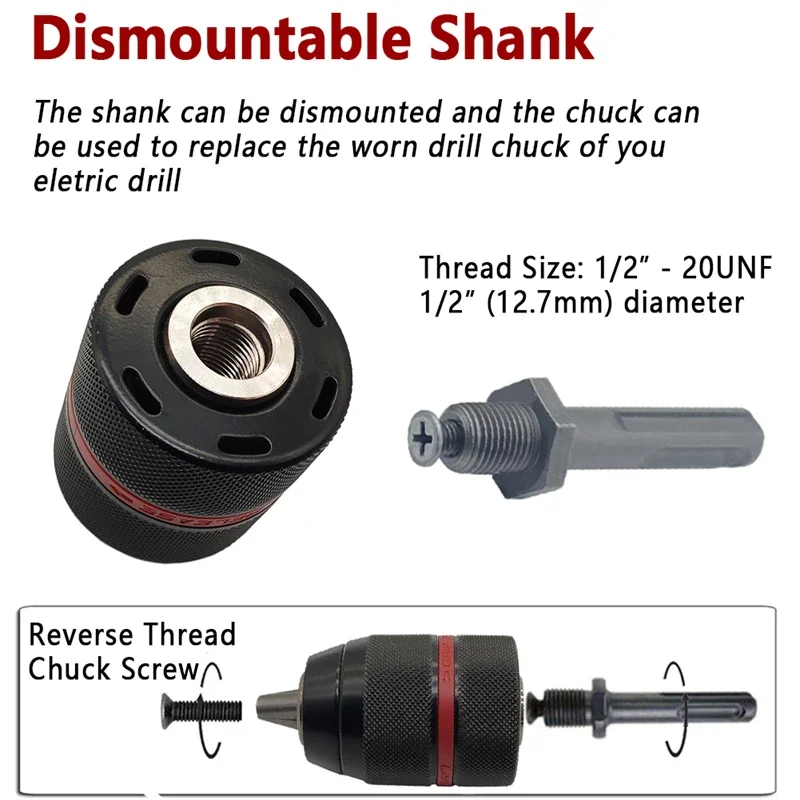 Mandril de broca sem chave, 1/2-20unf, 13mm, haste sextavada/sds/soquete, adaptador fêmea quadrado, ferramenta de hardware, mandris de chave