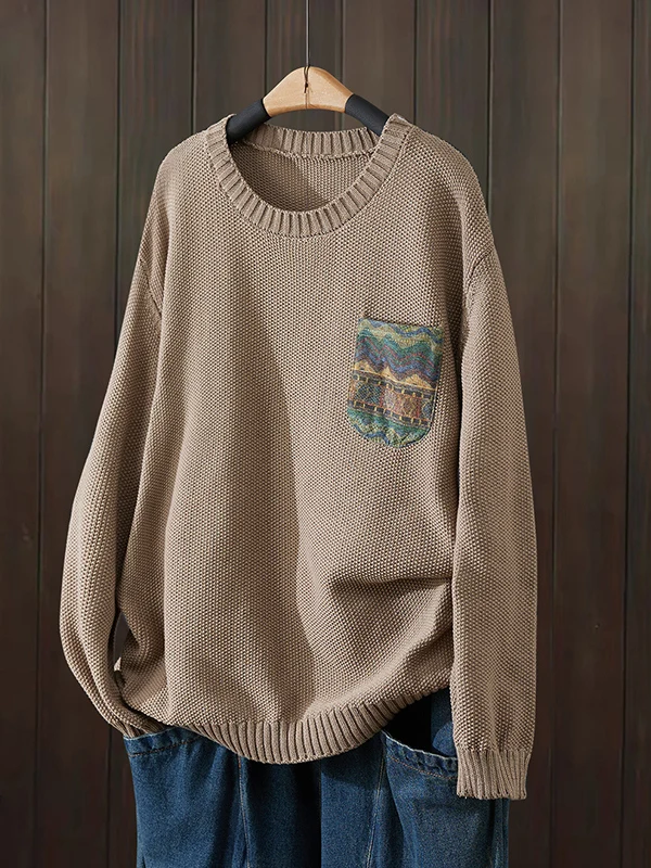 เสื้อสเวตเตอร์ถักไหมพรมหลวมๆ สำหรับผู้หญิง ฤดูใบไม้ร่วง 2025 ผ้าฝ้ายลายดอกไม้แบบปะติด  ลำลอง ไซส์ใหญ่ คอกลม  ผ้าเนื้อนุ่ม