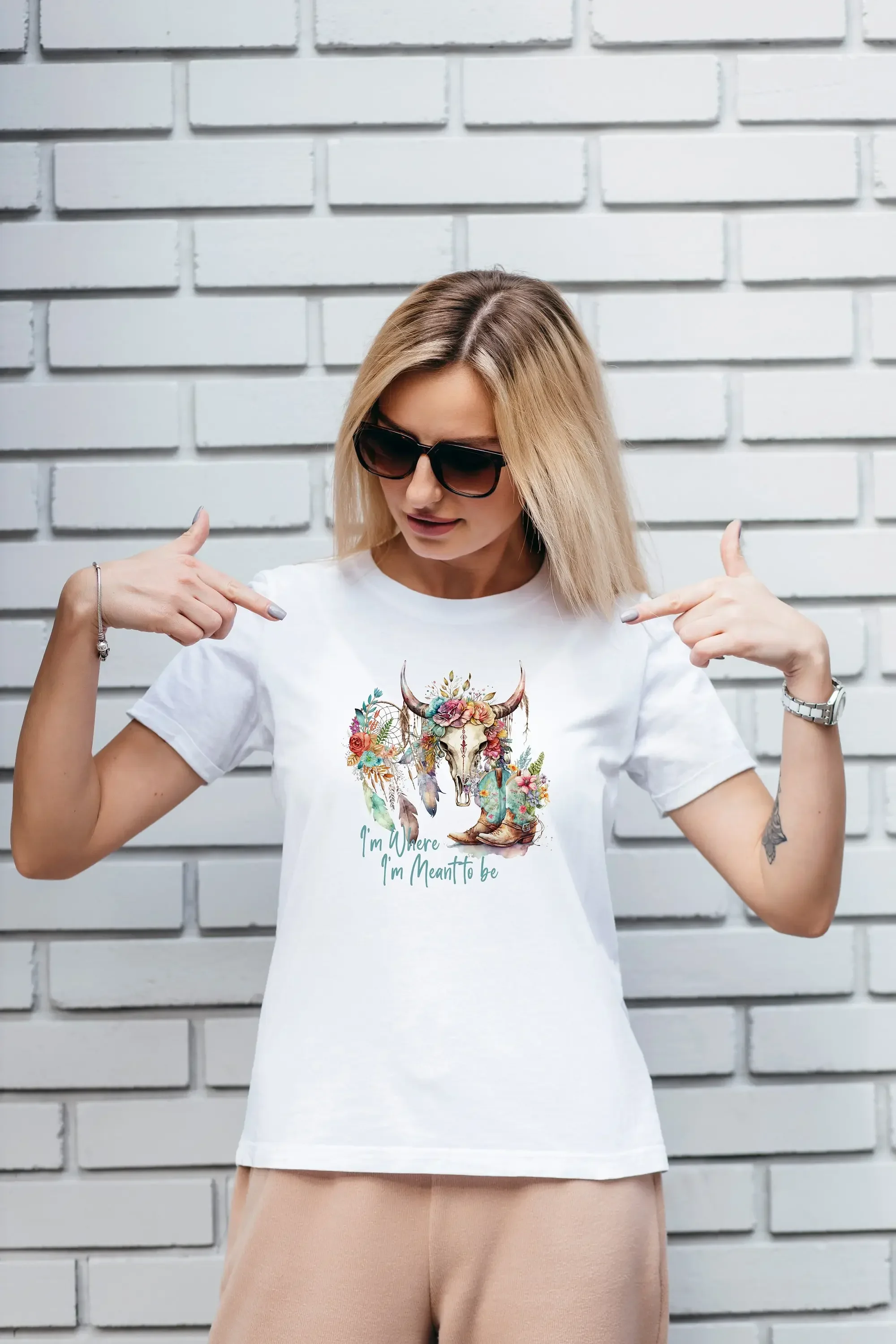I m Where I m Meant to Be T Shirt Graphic Tee Boho Cow skull Boots Tshirt 100 Cotton Black White or Gray