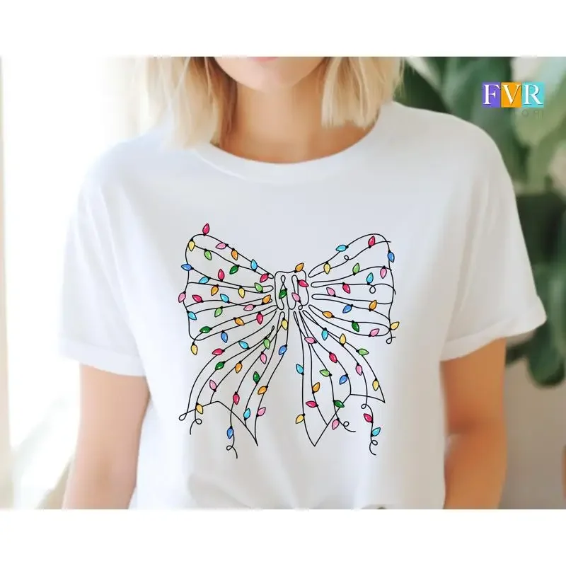 Christmas Ribbon T Shirt Wrapped in Lights Merry Bright Holiday Xmas