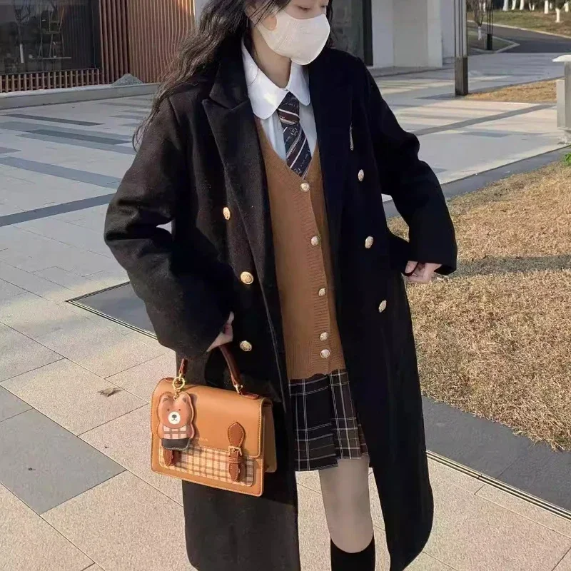 Japanese Women Coats Mid-length Preppy Style Cotton Thickened Woolen JK Coat Autumn and Winter Office Lady Casual Outwear Female