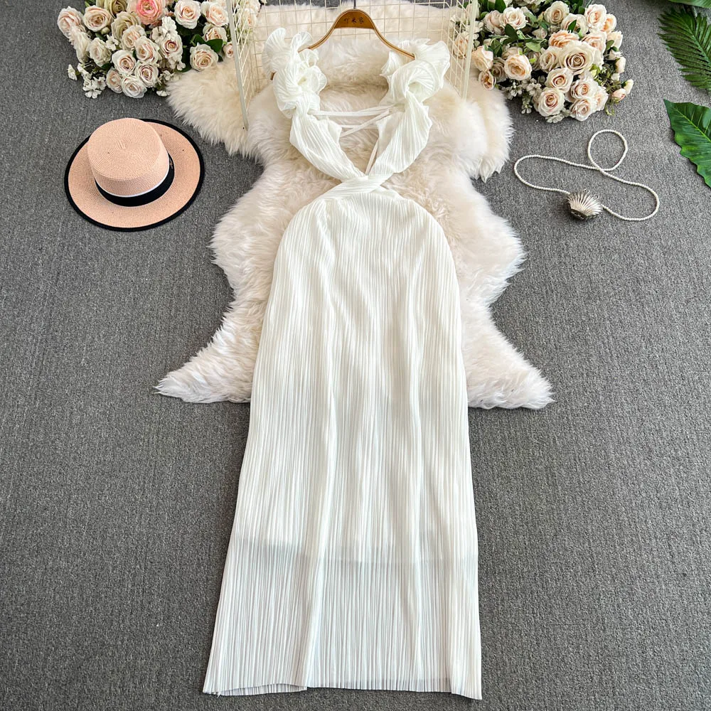 Foamlina First Love Neck V Neck Waist A Word Pleated Dress Women's Summer High Sense Seaside Vacation Bodycon Long Dress