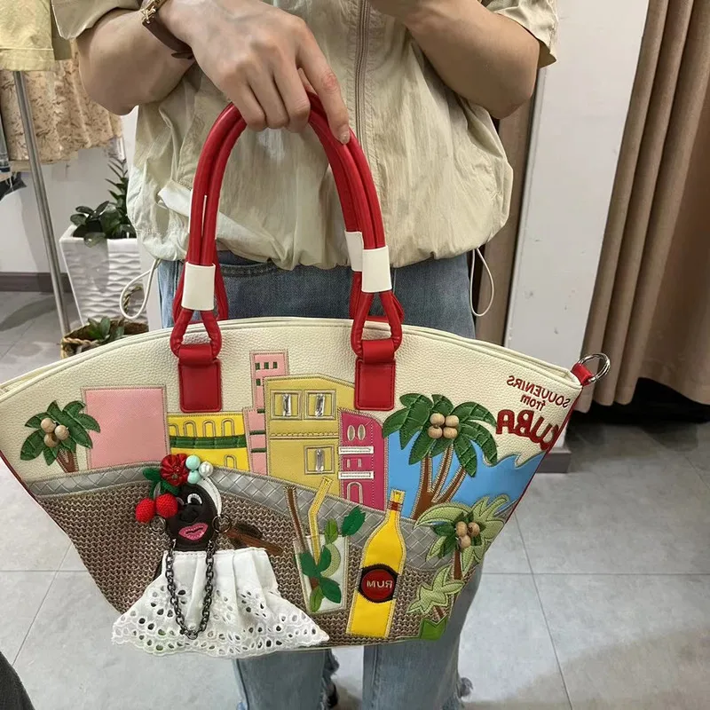 

2025 New Fashionable Handbag Large Capacity Shoulder Bag Creative Splicing Embroidered Basket Bag Holiday Bag hand bag ladies