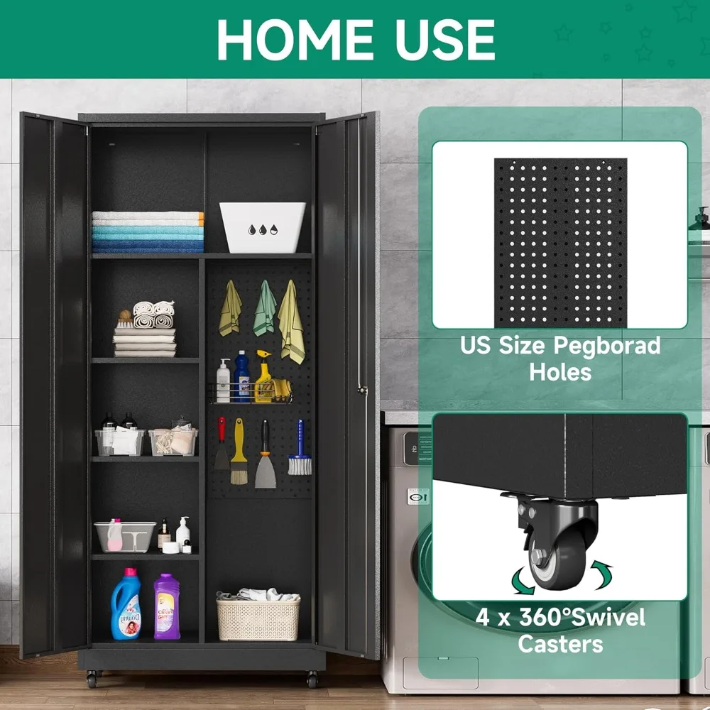 خزانة تخزين جراج معدنية بعجلات وأبواب قفل وأرفف قابلة للتعديل - خزانة سوداء طويلة للمكتب والمنزل والمرآب والش