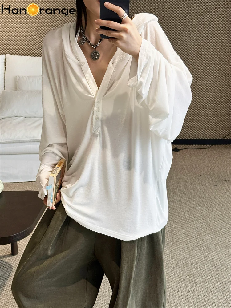 

HanOrange 2026 Summer Simple Hooded Henley Collar Button T-shirt Women Sunscreen Slimming Hooded Tees White/Pink/Navy Blue