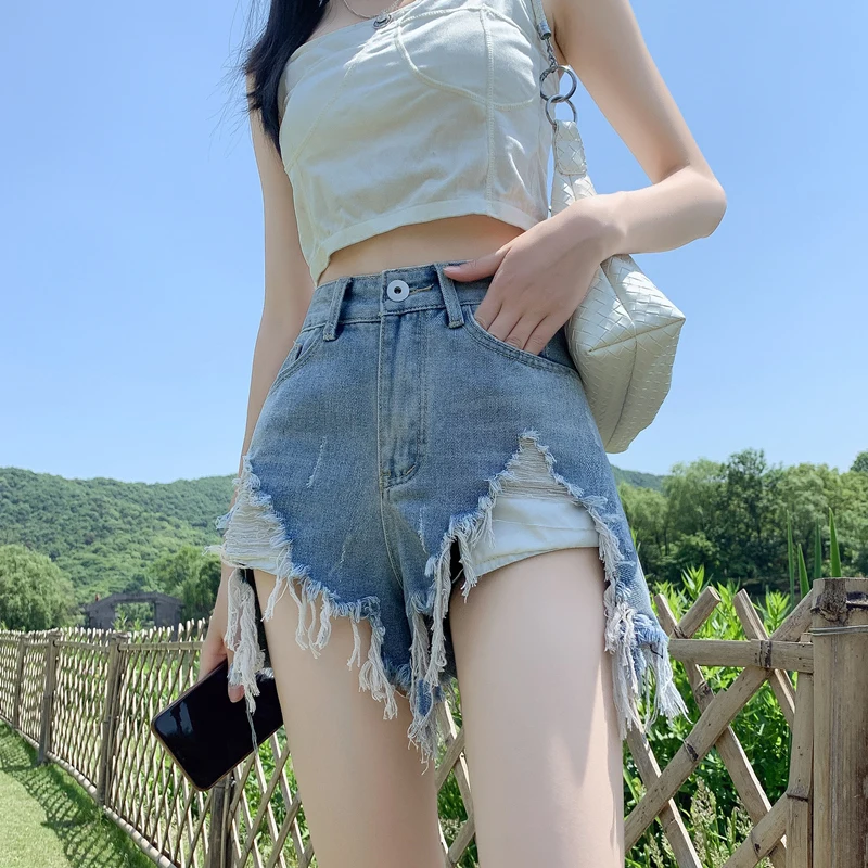 

2023 Summer Women Streetwear Tassels Ripped Short Jeans Shorts Vintage Y2K Casual Slim Fit High Waist Mini Black Denim Shorts