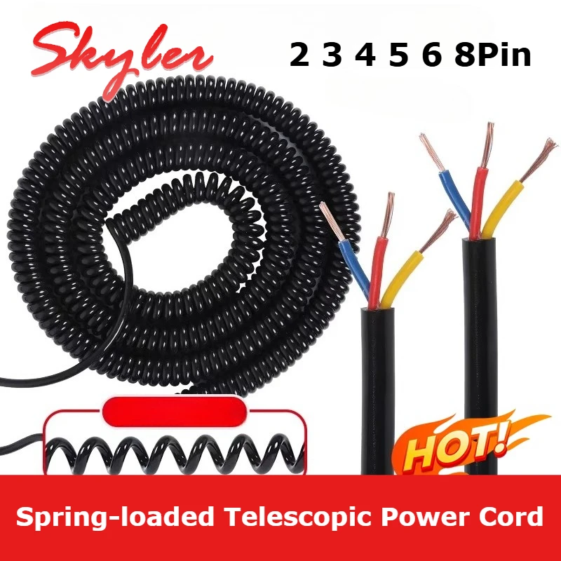 Pure Copper 2 Core High Quality Spring Spiral Cable 3-4-5-6-8 Pin Black Telescopic Power Cord 0.15Square/0.2mm Stretchable Wire