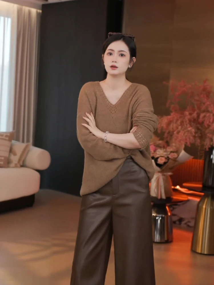 

the Meng Casual Wool Camere Camel Hair V-ne Knitwear Women Winter Loose Fit Long Sve Color Knitted Top