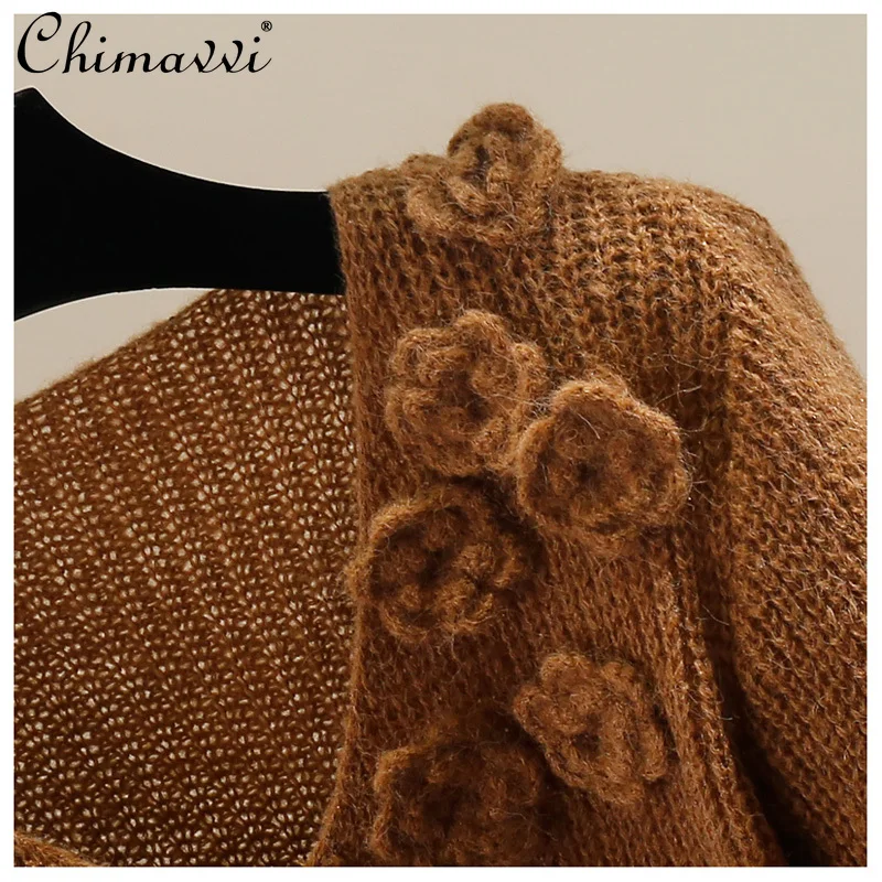 Korean Fashion Autumn and Winter New Heavy Three-Dimensional Flower Knitted Sweater Women's Loose Elegant Long-Sleeved Top