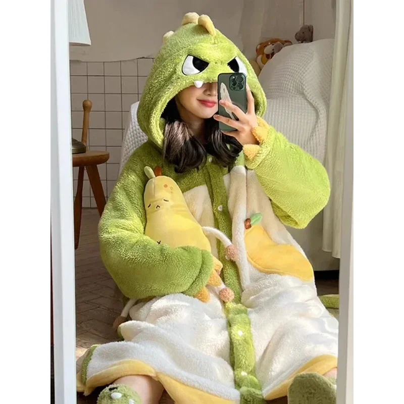 2024 Winter Pajamas For Women Cartoon Dinosaur Hooded Long Robe Cute Home Wear Sleepwear Thick Flannel Comfy Lounge Bathrobe