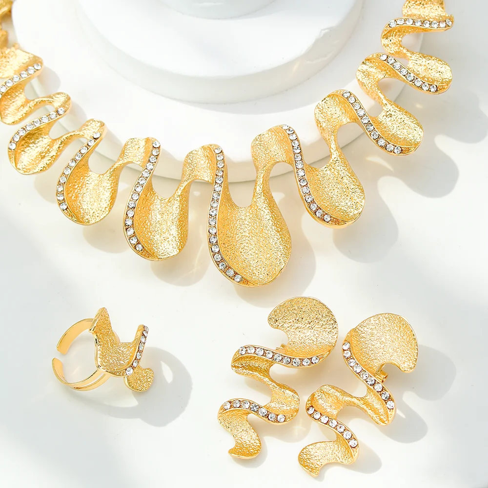Fashion Jewelry Set For Women Classic Dubai 18K Gold Plated Nacklace Twisted Shape Drop Earring Bangle Ring Big Set Jewelry