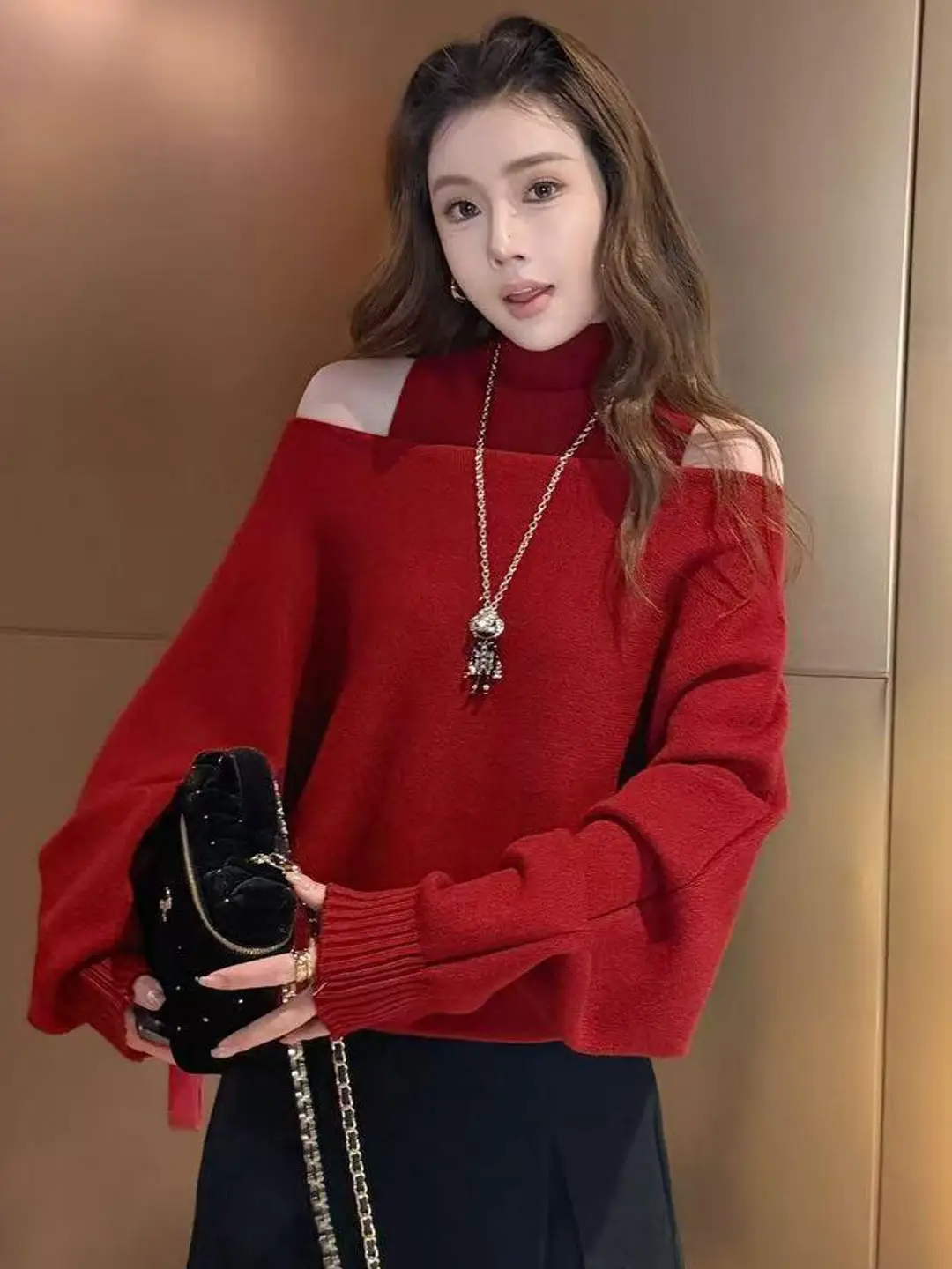 

Faionable True Two-Piece Knitwear Women's Loose Fit Stand Collar Layering Top Casual Sle Polyester Fiber Long Sve