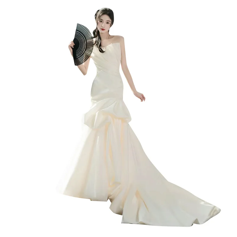 فستان زفاف خفيف من الساتان الفرنسي 2025New زفاف العروس بدون حمالات حورية البحر خروج الحجاب الراقية حجاب استقبال بسيط