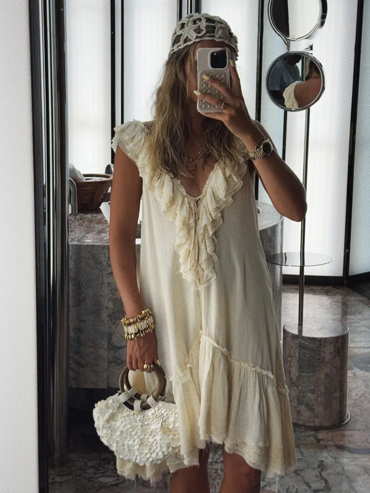 HH Moda Feminina Vestidos Soltos Sem Mangas Sólidos Com Decote Em V Sem Encosto Arco Lace-Up Feminino Verão Casual Em Camadas Mini Vestido