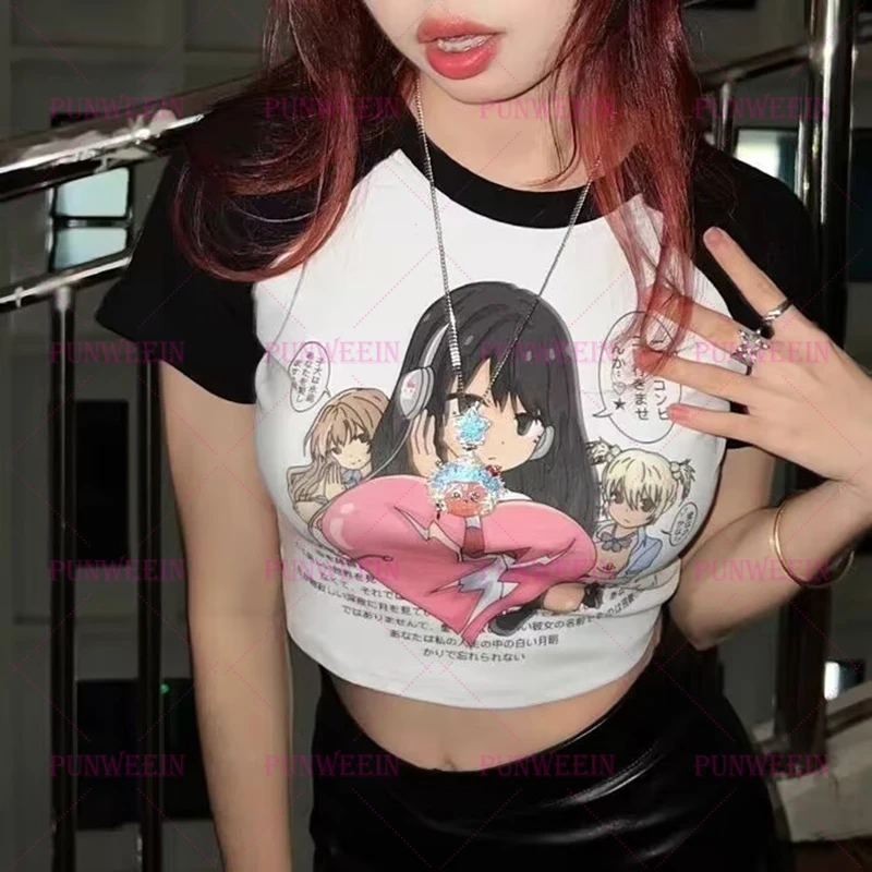 

Аниме Япония kawaii Girls 90-х годов Y2k Тонкий топ с рукавами на плечах Harajuku Укороченный топ Винтажная детская футболка в стиле панк с героями мультфильмов Уличная одежда