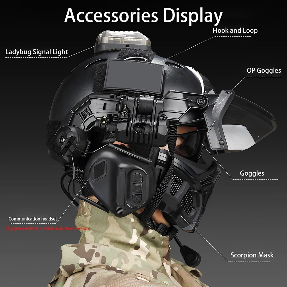 FAST Tactical Helmet Set With Half-Face Gel Mesh Mask Adjustable Protective Gear For Paintball Wargames Outdoor Activities