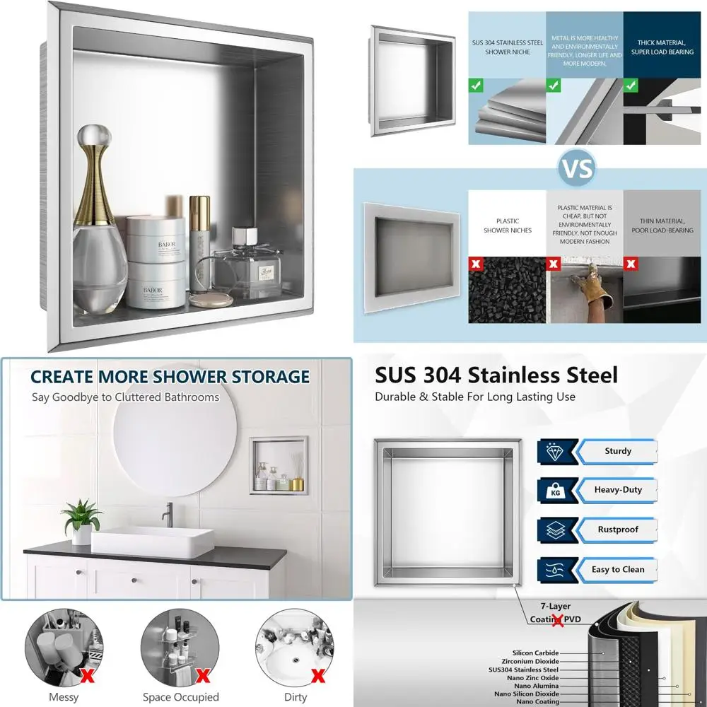 

12 Inch Square Recessed Shower Storage Niche, 304 Stainless Steel, No Tile Required, Ideal for Bathroom Corners