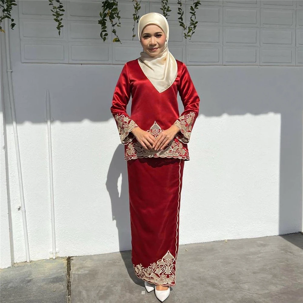 Turkey Ramadan Muslim Set Women Fashion Satin Long Sleeve Tops Skirts Blouse Embroidery Baju Kurung Vintage Casual Elegant Suit