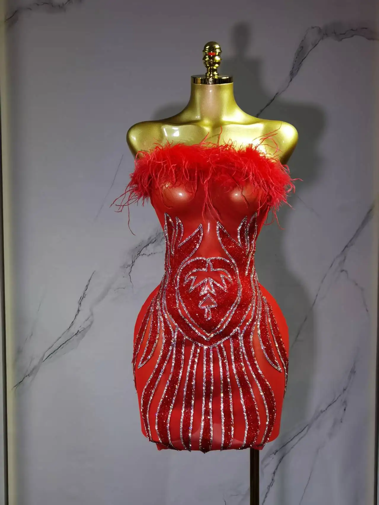 

Rhinestones Feather Mini Dress Crystals Outfit Birthday Celebrate Sexy Sleeveless Costume Performance Singer Party Outfit