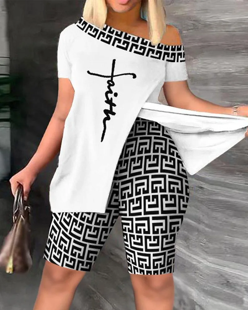 Casual Short Sleeve Slit Tshirt Shorts Set Office Lady Summer Off Shoulder Slash Neck Print Two Piece Set Women Outfit 2023