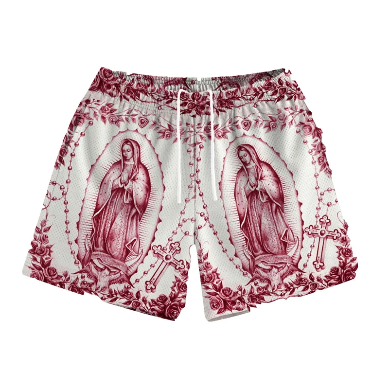 

Пляжные шорты с узором «Богоматери Гваделупской» для мужчин и женщин, летние уличные повседневные дышащие шорты с розовым дизайном, короткие шорты с цветами, новинка