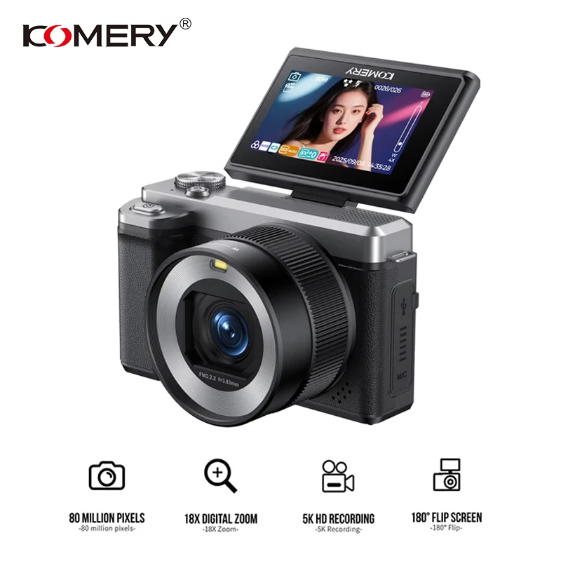 

Цифровая камера Komery, 3-дюймовый экран, сверхвысокое разрешение 5K, 18-кратный цифровой зум, двойная камера, 180°. ° вращающийся экран, Wi-Fi.