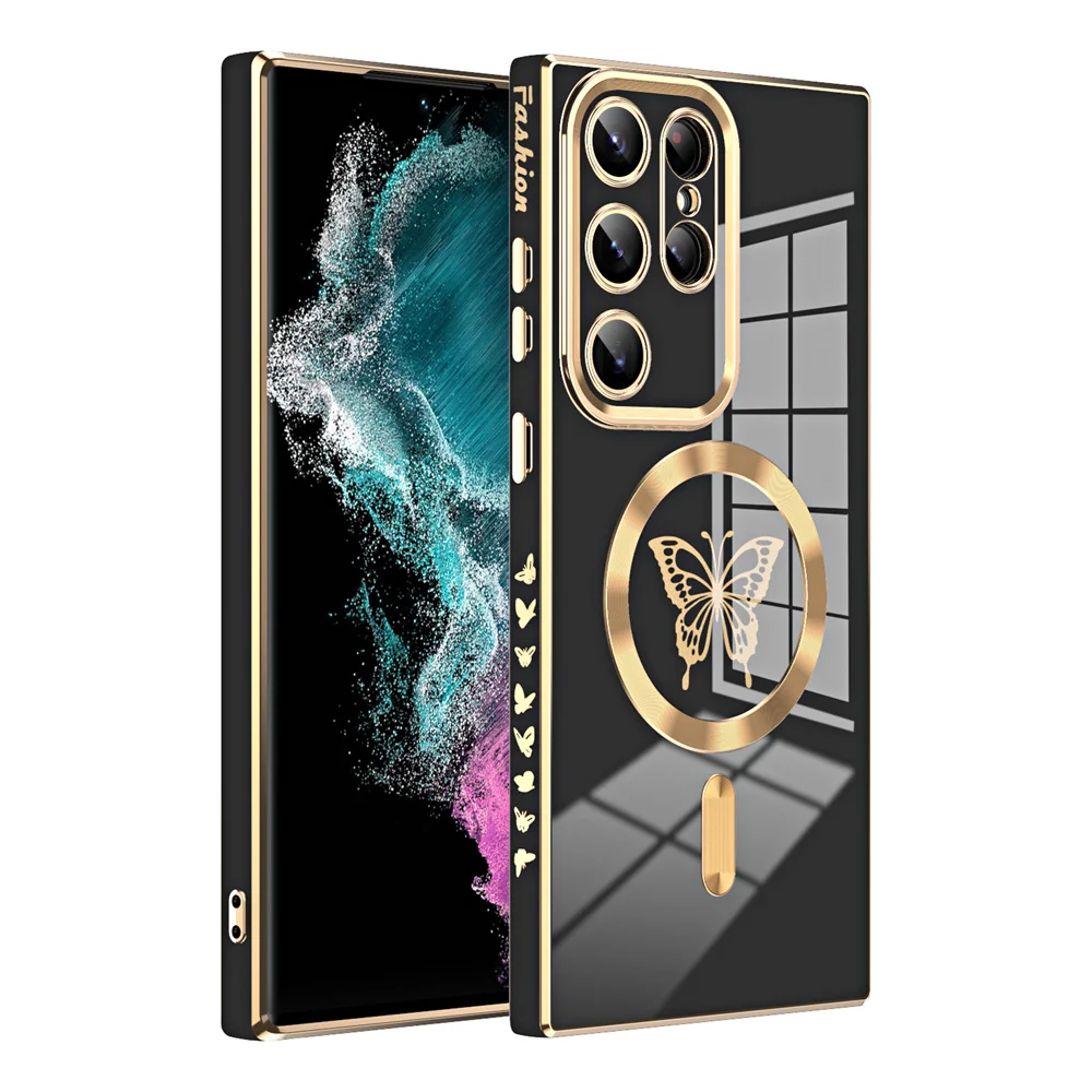 

Luxury Gold Plating Butterfly Magsafe Case for Samsung Galaxy S25 Ultra S24 FE Camera Lens Protection Wireless Charge Funda S23