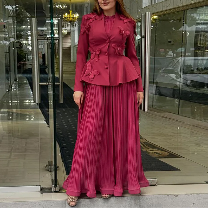 

Luxury Formal Evening Long Dress 2 Piece Set Women Autumn 3D Butterfly Blazer Suit Coat Pleated Chiffon Skirts Suits