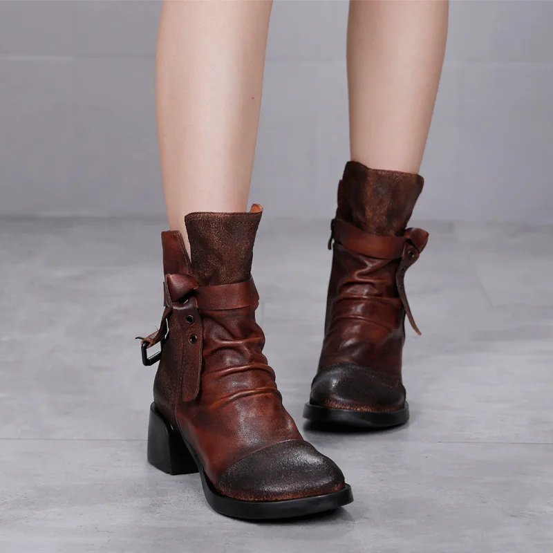 Careaymade-Genuine Leather Patchwork Ankle Vintage Short Boots Zipper Women Shoes Fashion Round Head Mujer Soft Botas Femininas