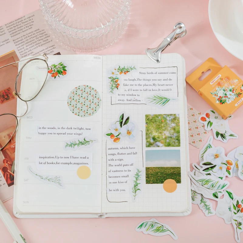 46Pcs Mini Box Stickers Butterfly flower Decorative Green leaf Scrapbooking Material Supplies diary booking Adhesive Square 4CM