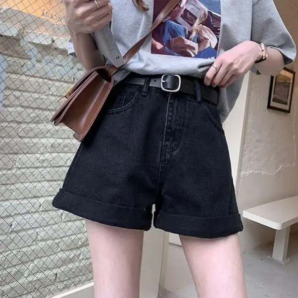 2020 New Women's Loose High Waist A-Line Denim orts Korean Sle Cuffed Slimming Student Wide Leg Hot Pants Summer Trend
