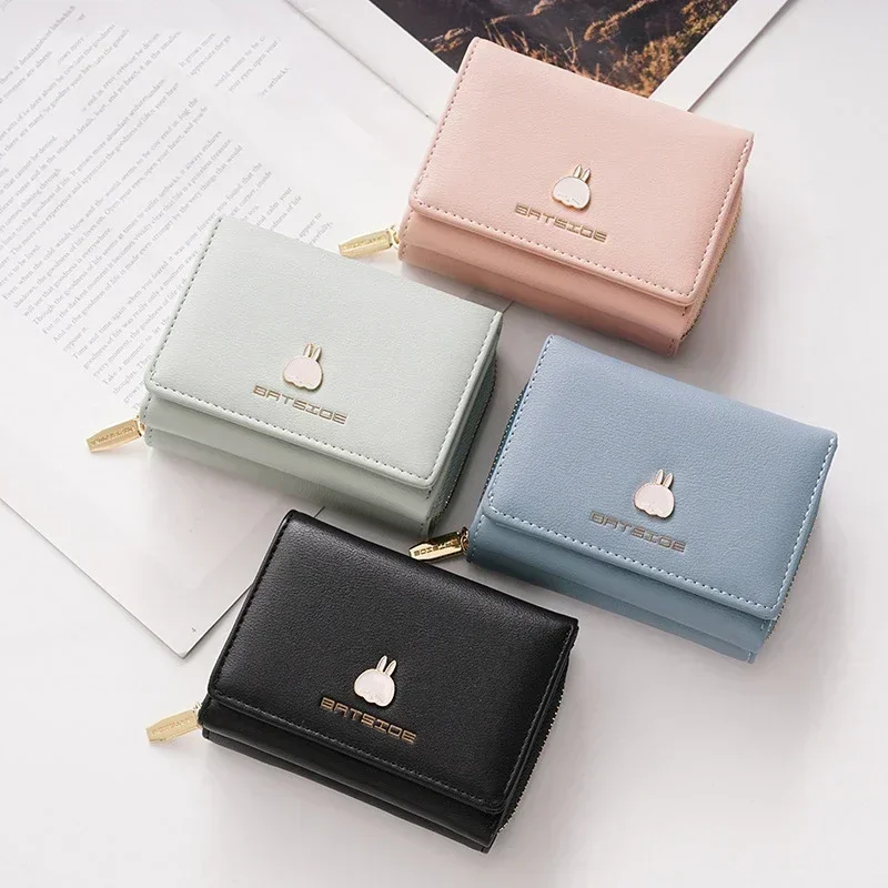 

New Square Multifunctional Card Wallet Women Cartoon Zipper PU Leathercoin Purse Female Solid Color Three Fold Coin Purse Wallet