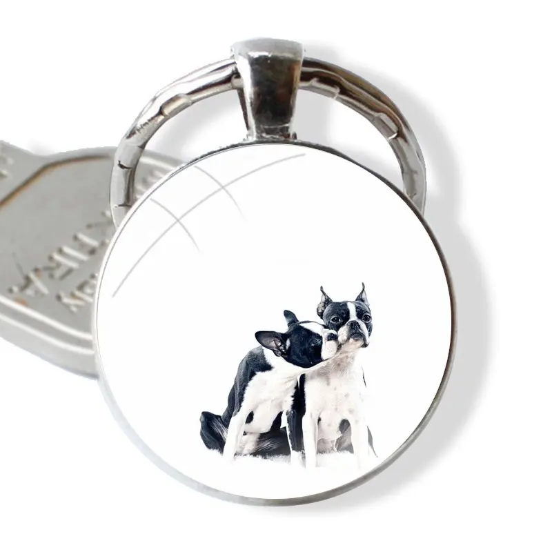 Boston Terrier dog puppies Cute Keychain Glass Cabochon Metal Pendant Classic Men's Women's Keyring