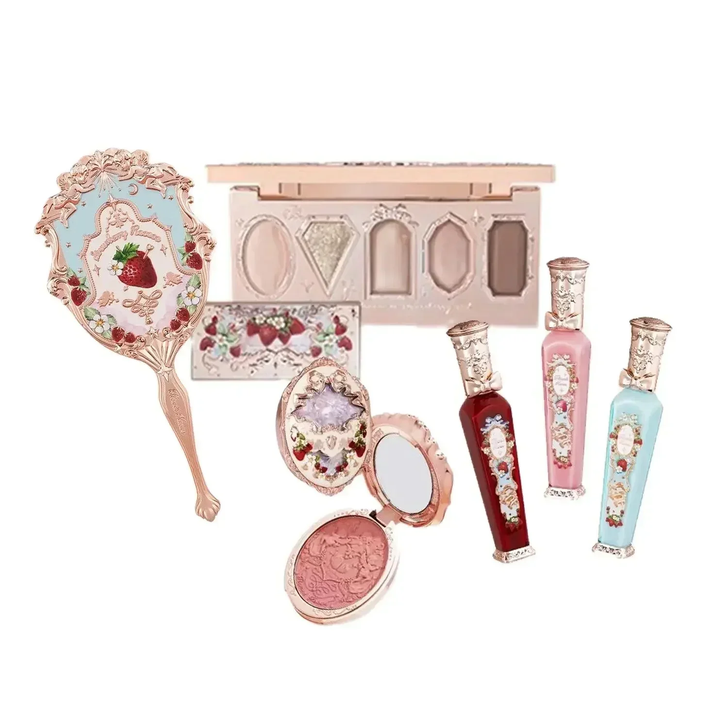 

Flower Knows Strawberry Rococo Series Makeup Set Glitter Matte Eyeshadow Palette Blusher Power Velvet Lipstick Kit