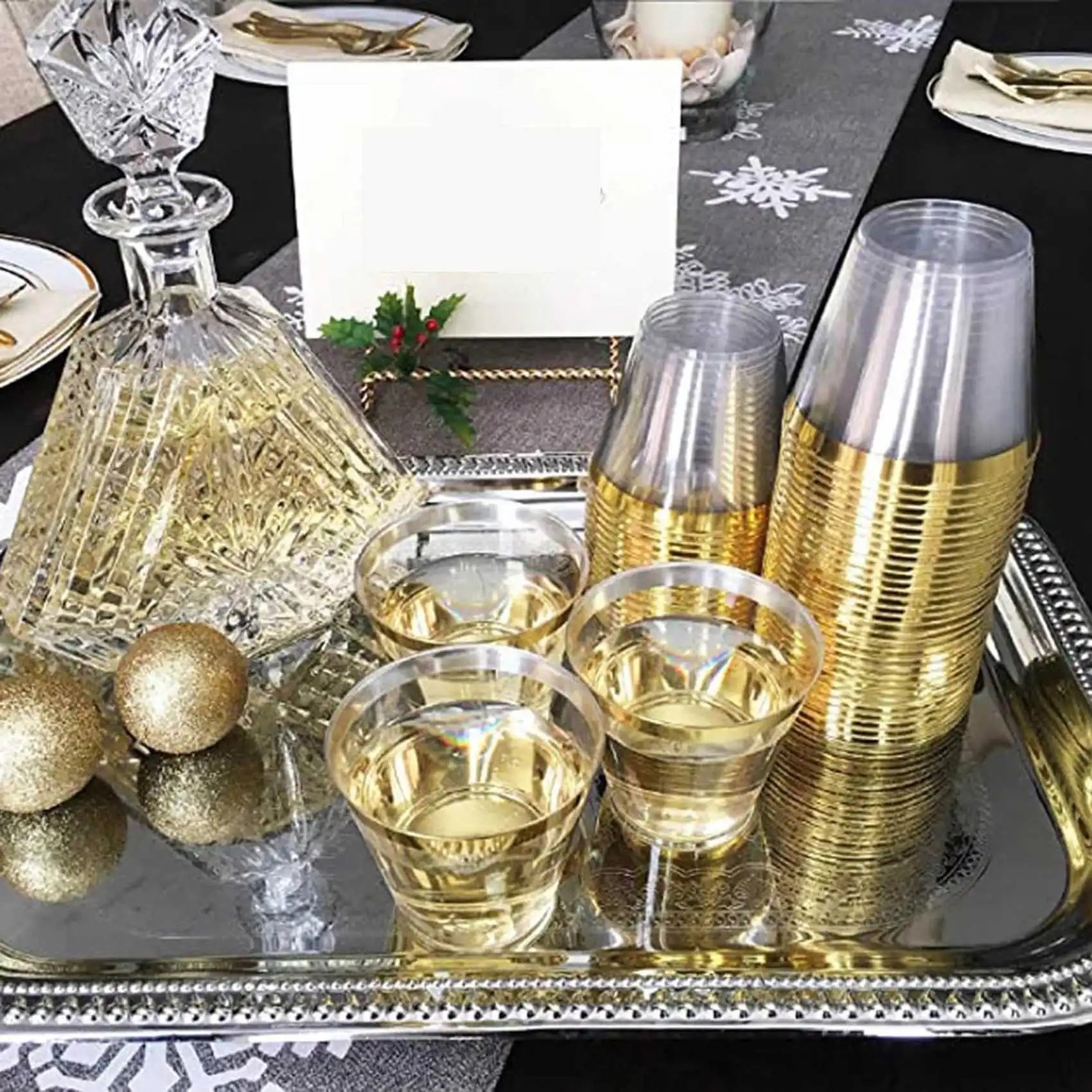 Plastic Cup 9 Oz Hard Disposable Cup Plastic Wine Glass Party Wedding Wine Glass Transparent Plastic Cup -Gold Rim