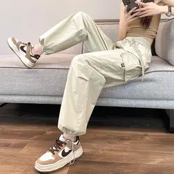 Women's Spring Summer Elastic Solid Pockets Elastic High Waisted Drawstring Harlan Casual Sportswear Trousers Preppy Style Pants