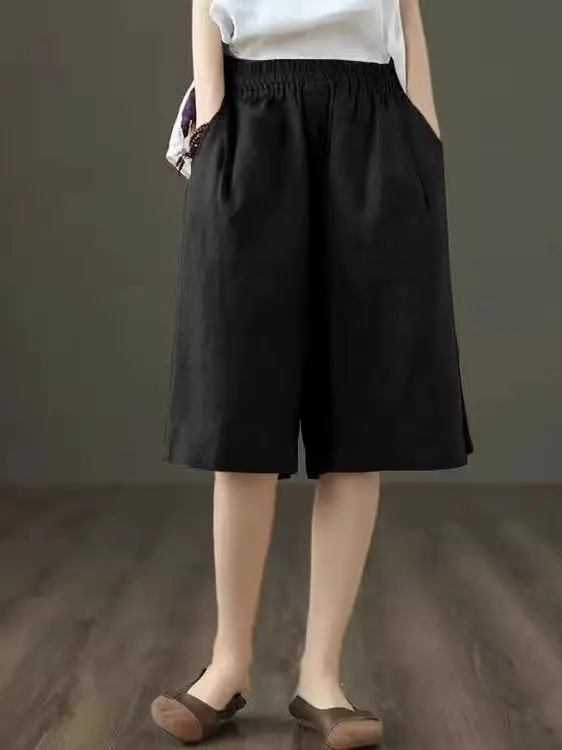 ارتفاع الخصر القطن الكتان خمس نقاط orts المرأة الصيف رقيقة فضفاضة عادية مستقيم الساق السراويل بنطال ذو قصة أرجل واسعة عادية Sle