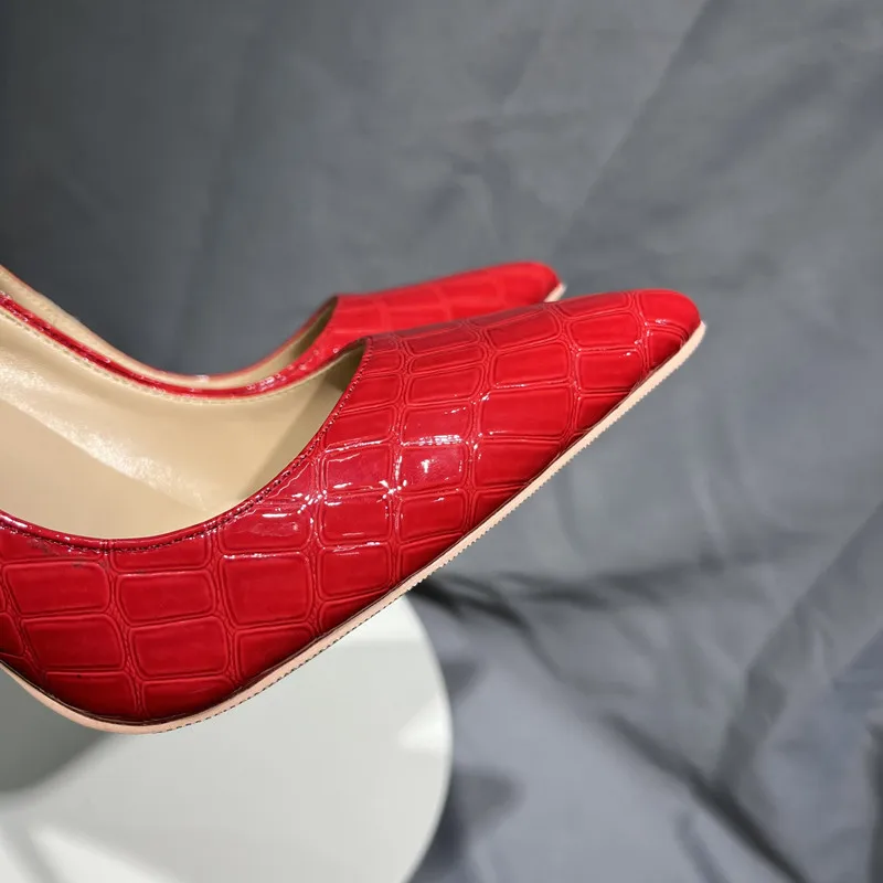 Tikicup 8/10/12cm High Heels Chic Red Women Sexy Elegant Crocodile Effect Stiletto Pumps Pointed Toe Slip On Party Shoes Size46