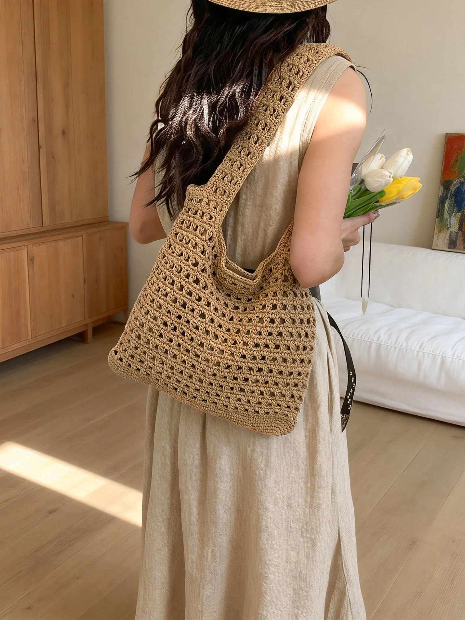 

Vintage Large Capacity Woven Bag for Women Fashion Casual Solid Color Single Shoulder Bag 2026 New Daily Commuting Tote Bags