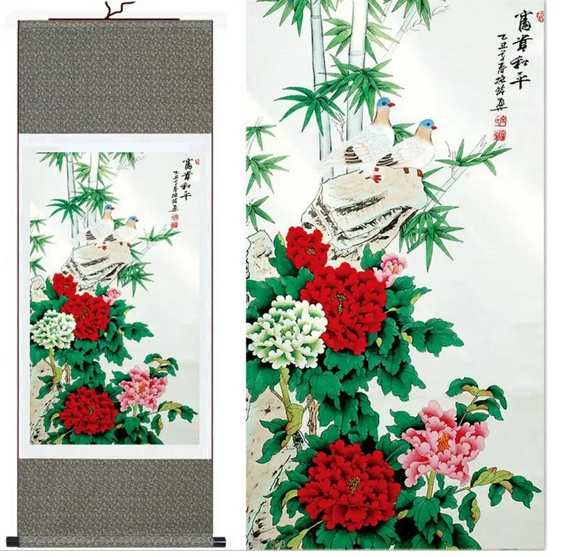 Traditional silk art  painting Peace dove and Flowers  Chinese Art Painting Home Office Decoration Chinese painting