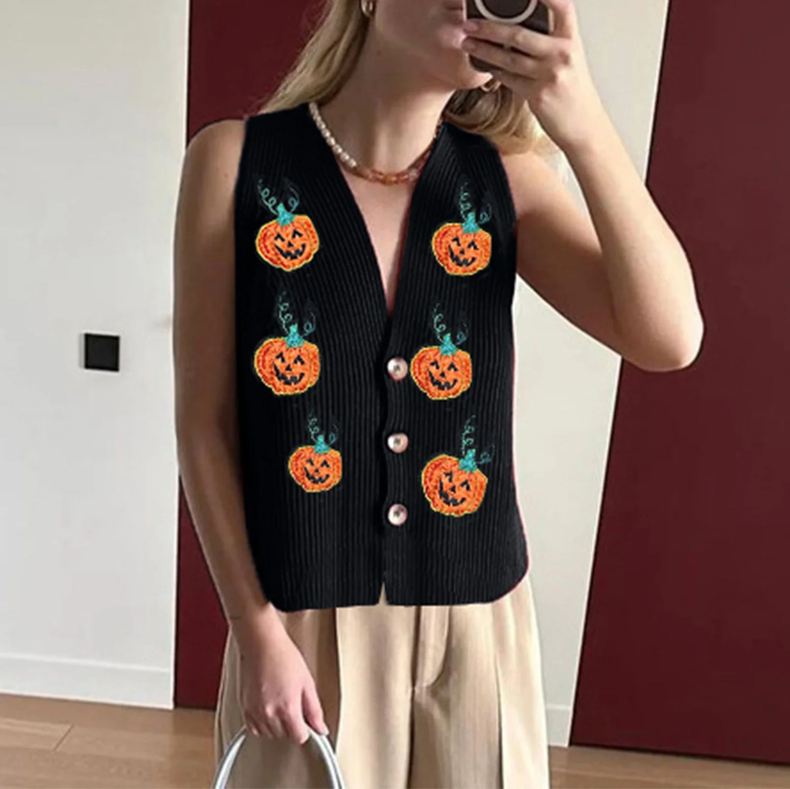 Womens Halloween Sweater Vest Pumpkin V Neck Sleeveless Button Down Knitted Cardigan Casual Streetwear