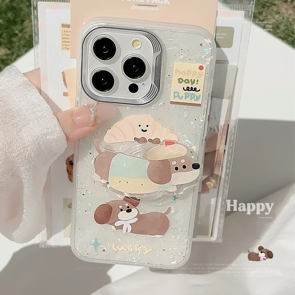 Luxury White Ox Horn Painter Dog Phone Case for iPhone 15 14 13 12 11 Pro Max Plus Bread Dog Bracket Bumper Cover