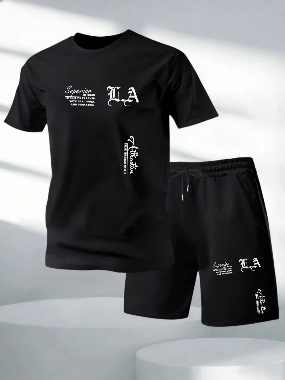 

Two Pieces Set Superior Attractive Letter Print Cotton T-Shirts Pants Mens Oversized Soft O-Neck Tops High Waisted Pocket Shorts