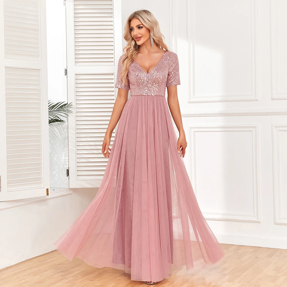 Women Elegant V-neck A-Line Tulle Evening Dress Floor Length Formal Prom Party Gown Sequins Short Sleeves Dress