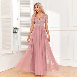 Women Elegant V-neck A-Line Tulle Evening Dress Floor Length Formal Prom Party Gown Sequins Short Sleeves Dress