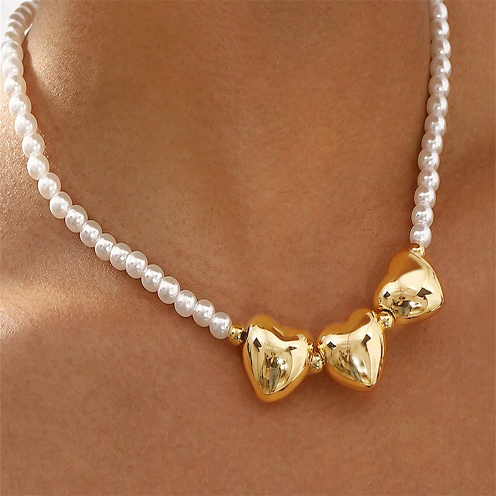 1pc Retro Fashion Lightweight Luxury Elegant Quality Simple Baroque Faux Pearl Triple Heart Decor Beaded Necklace