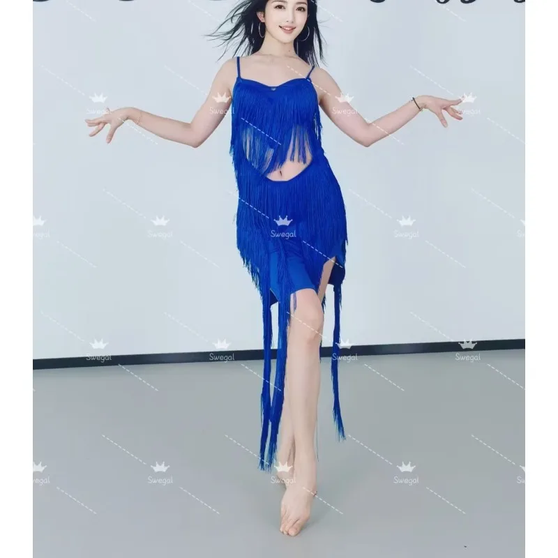 Customized Oriental Drum Dance Belly Dance Costume Blue Tassel Skirt Latin Dance Dress Indian Clothes Women