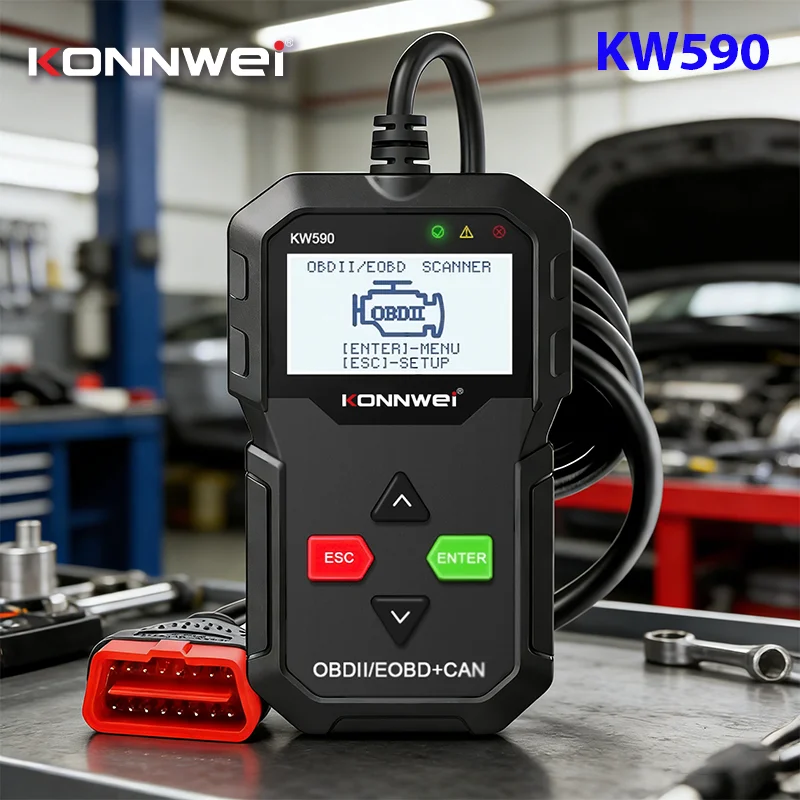 

Диагностический сканер KONNWEI KW590 2026 года для автомобилей OBD2: считывание и удаление кодов неисправностей, проверка индикатора Check Engine, OBDII, EOBD, CAN